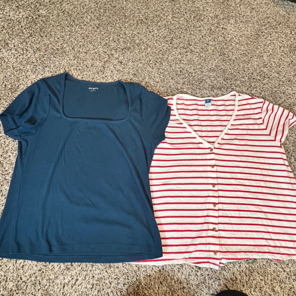 Old Navy Womens XL Tops Lot 2 Red White Striped Button Down Navy Square Neck Tee